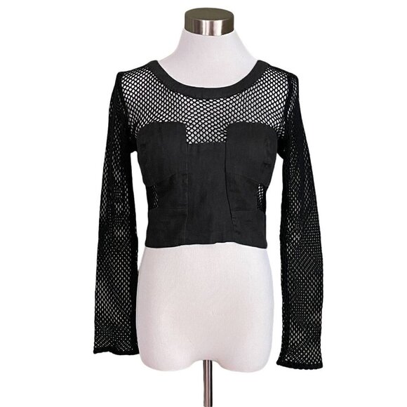 Shakuhachi Robo Net Top Womens Sz 6 Black Linen Cropped Mesh Sleeve Avant Garde - Picture 1 of 8